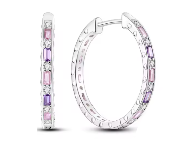 BRINCO ARGOLA ROSA COM LILÁS - PRATA 925