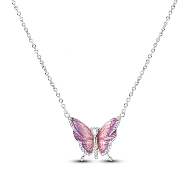 COLAR BORBOLETA ROSA CRAVEJADA - PRATA 925